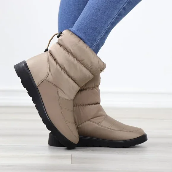 Taupe Rain Ankle Boots Weather Resistant Warm Synthetic Fluff Inside - Picture 6 of 13